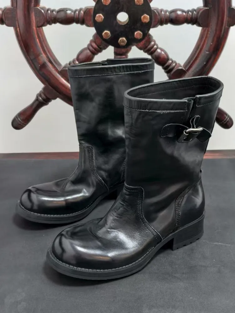 British Female Genuine Leather Round Toe Buckle Strap Chunky Heel Ankle Boots Solid Color Horsehide Hard Wearing Footwear
