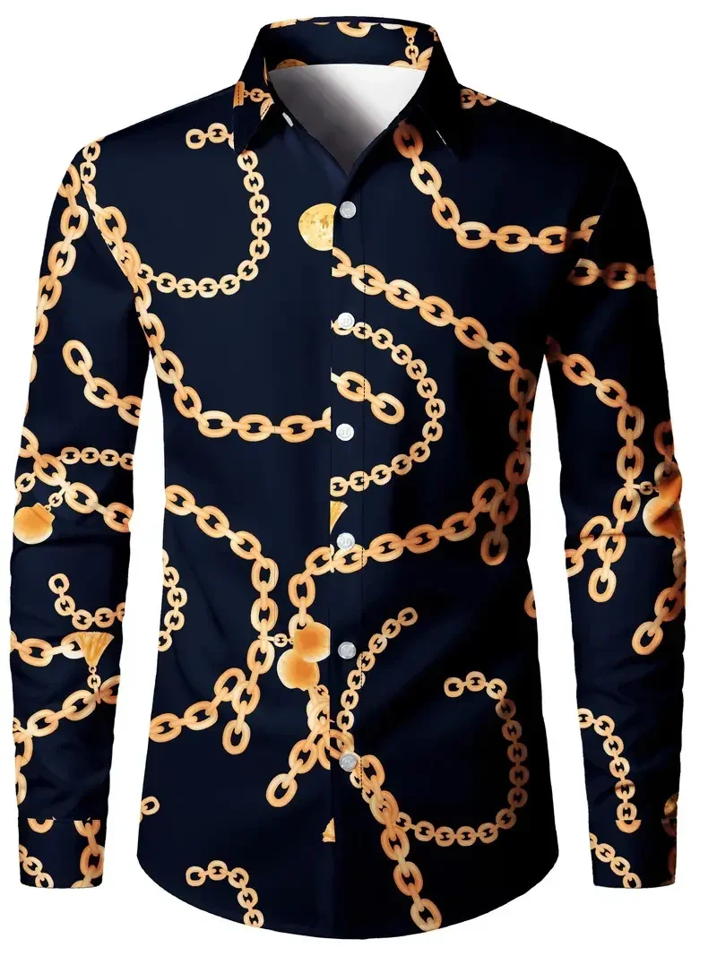Men's Shirts Gradient Chain HD Pattern Fashion Luxury Soft Comfortable Tops Spring Autumn Outdoor Button-down Shirts Plus Size