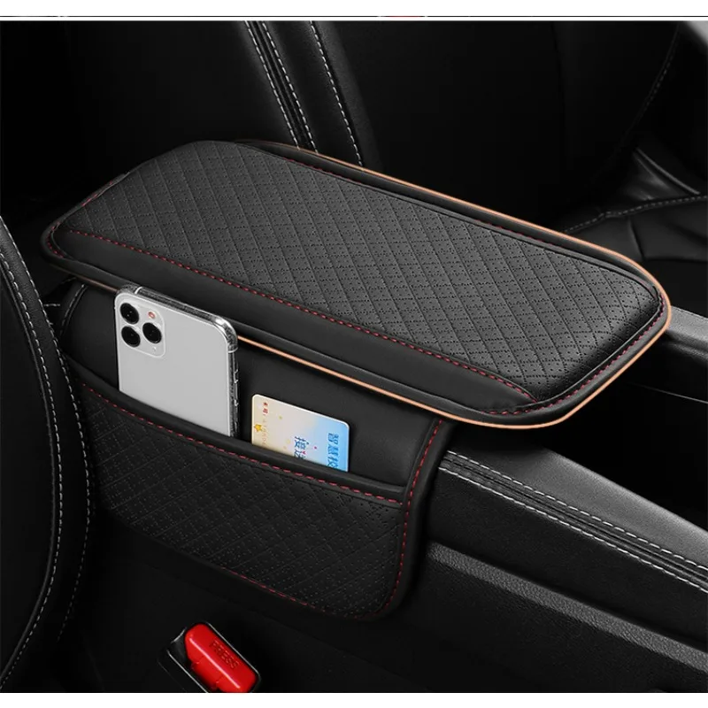 Car Armrest Cushion Universal Car Armrest Mats Wear-Resistant Pu Leather Auto Center Console Pad with 2 Side Storage Bag (Beige）