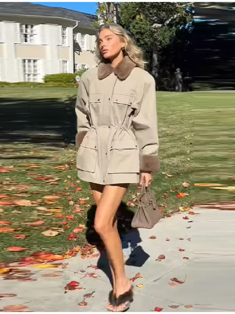 

Elegant Casual Coat Faux Fur Waist Tie Pockets Stylish Loose Women Jacket Autumn Chic Trendy Vintage Commuter Street Outfits