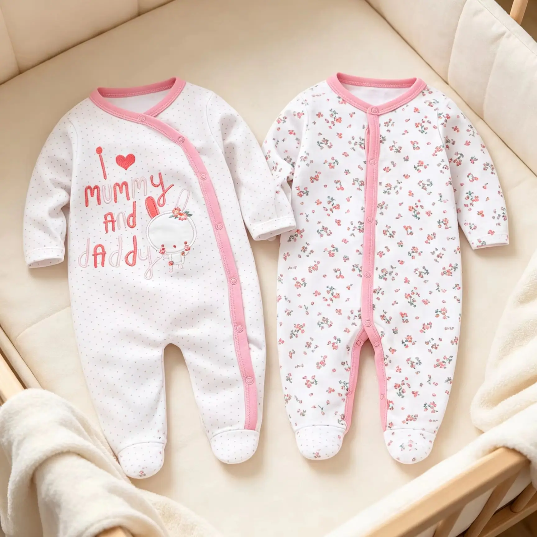 2Pcs Newborn Footed Rompers Baby Girls Long Sleeve Jumpsuit I Love Mummy Daddy Embroidery Floral Print Cotton Footie  Infant