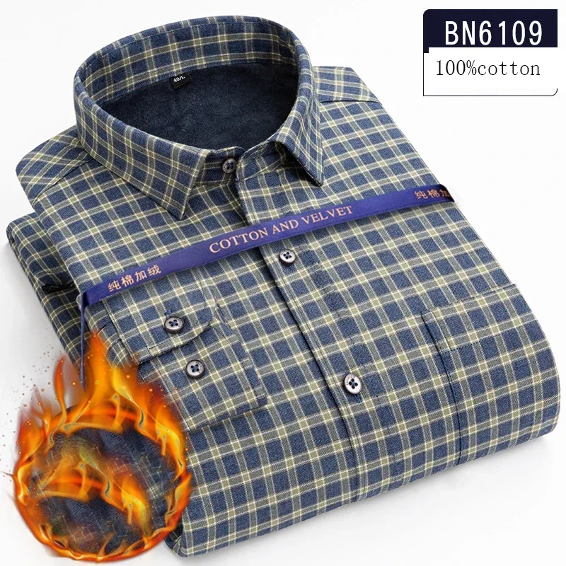 New in shirt 100%cotton over size 8XLLong Sleeve Warm shirts for men Winter Plush thicken striped plaid tops comfortable clothes