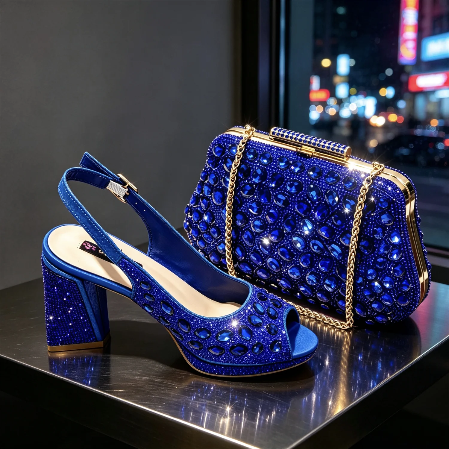 Women's Elegant Magenta Sparkly Rhinestones Chunky-Heels Slingbacks Peep Toes Sandals And Clutch Bag Set Wedding And Party Shoes image 3