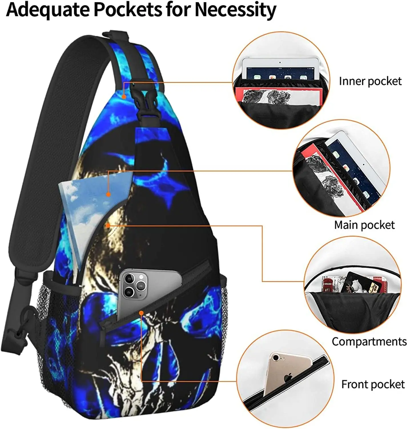 Crossbody Backpack Skull Blue Fire Sling Shoulder Bag for Men Women Durable Adjustable Gym Bag Cycling Traveling Hiking One Size