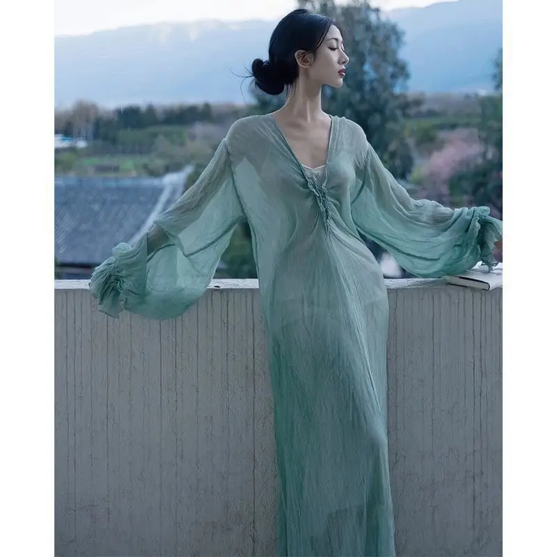 

New Chinese Sle Zen een Dr Long Skirt Women's Faion Autumn 2024 Ele A-Line Gown V-Ne Long Sve Folded