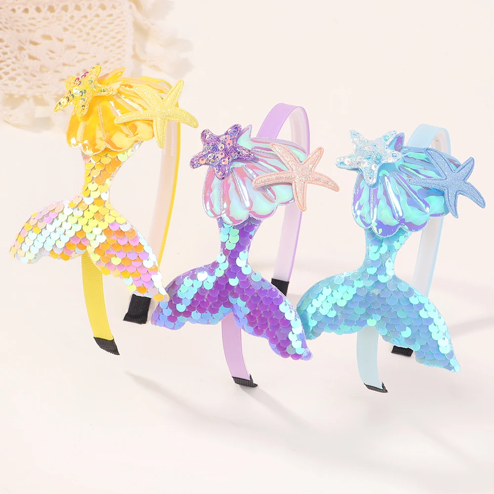 1PC Girl Mermaid Hair Band Shining Sequins Starfish Cartoon Hairband Kids Creative Sweet Handmade Decorative Headwear