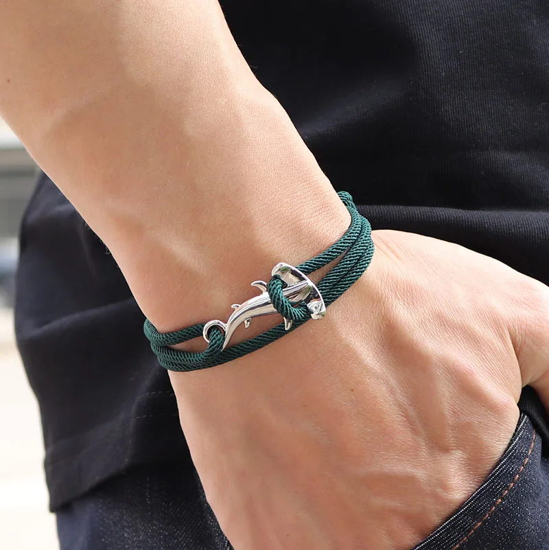 Marine Flat Shark Rope Bracelet Unisex Grade A Handmade Knitted Bilayer Cord Braclet Silver Black Color Surfing Couple Jewelry