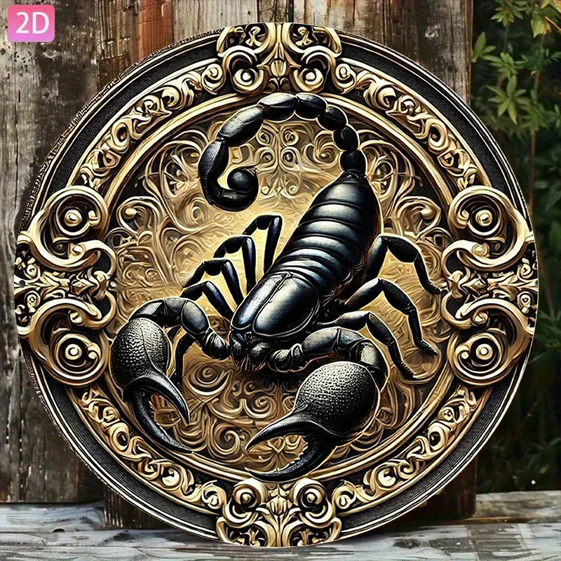 2D Flat - 2D Plane, 1pc of Scorpio Vintage Aluminum Wall Decor - Exquisite Golden Pattern And Scorpion Pattern Design, 20X20 Cm,