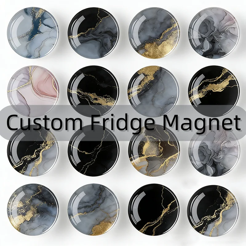 Custom Marble Pattern Glass Fridge Magnet Set 3D Crystal Round Refrigerator Sticker Home Kitchen Decoration Souvenir Gift