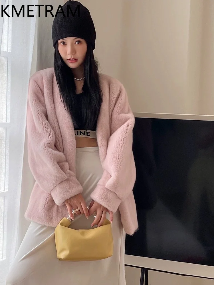 KMETRAM Real Whole Mink Fur Coat Woman Luxury Mid-Length Whole Mink Fur Jacket Winter V-Neck Coats Women Clothes 73cm 2026 шуба