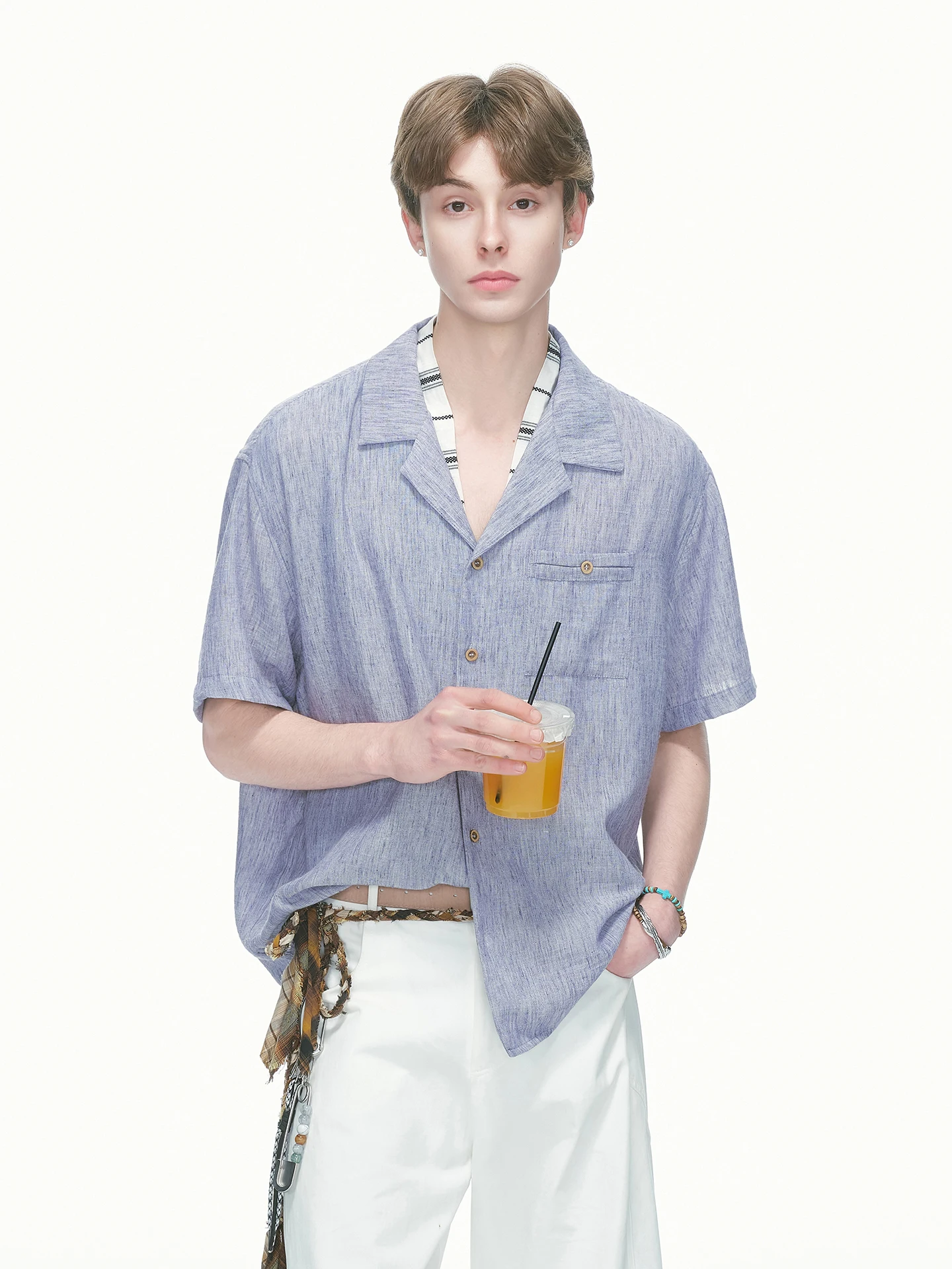 Cuban Collar Short Sleeve Men's Shirt Lightweight Breathable Summer Fashion Casual Style Polyester Fiber Pocket Design