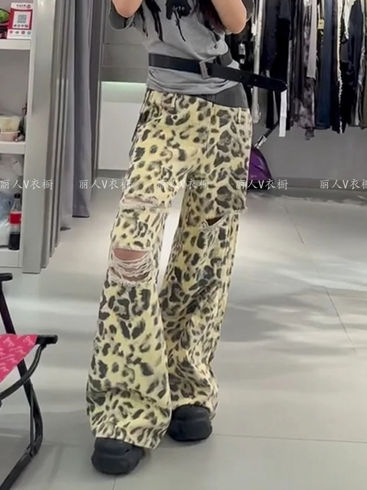 

American Retro High Street Casual Overalls Leopard Print Loose Wide Leg Pants For Women Y2k Hip-hop Cargo Grunge Baggy Trousers
