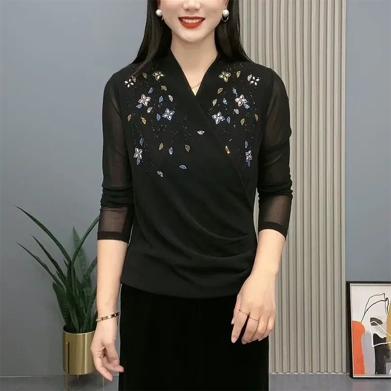 

Ранняя осень, новый стиль, простой топ с перекрестным воротником, однотонный, с бриллиантами, в западном стиле, универсальная рубашка с длинными рукавами, модная