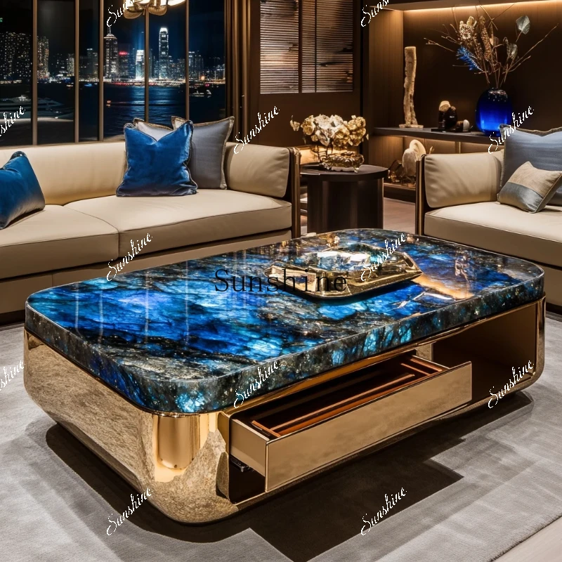 Square luminous blue jadeite coffee table villa living room custom modern design large flat layer luxury stone  FT