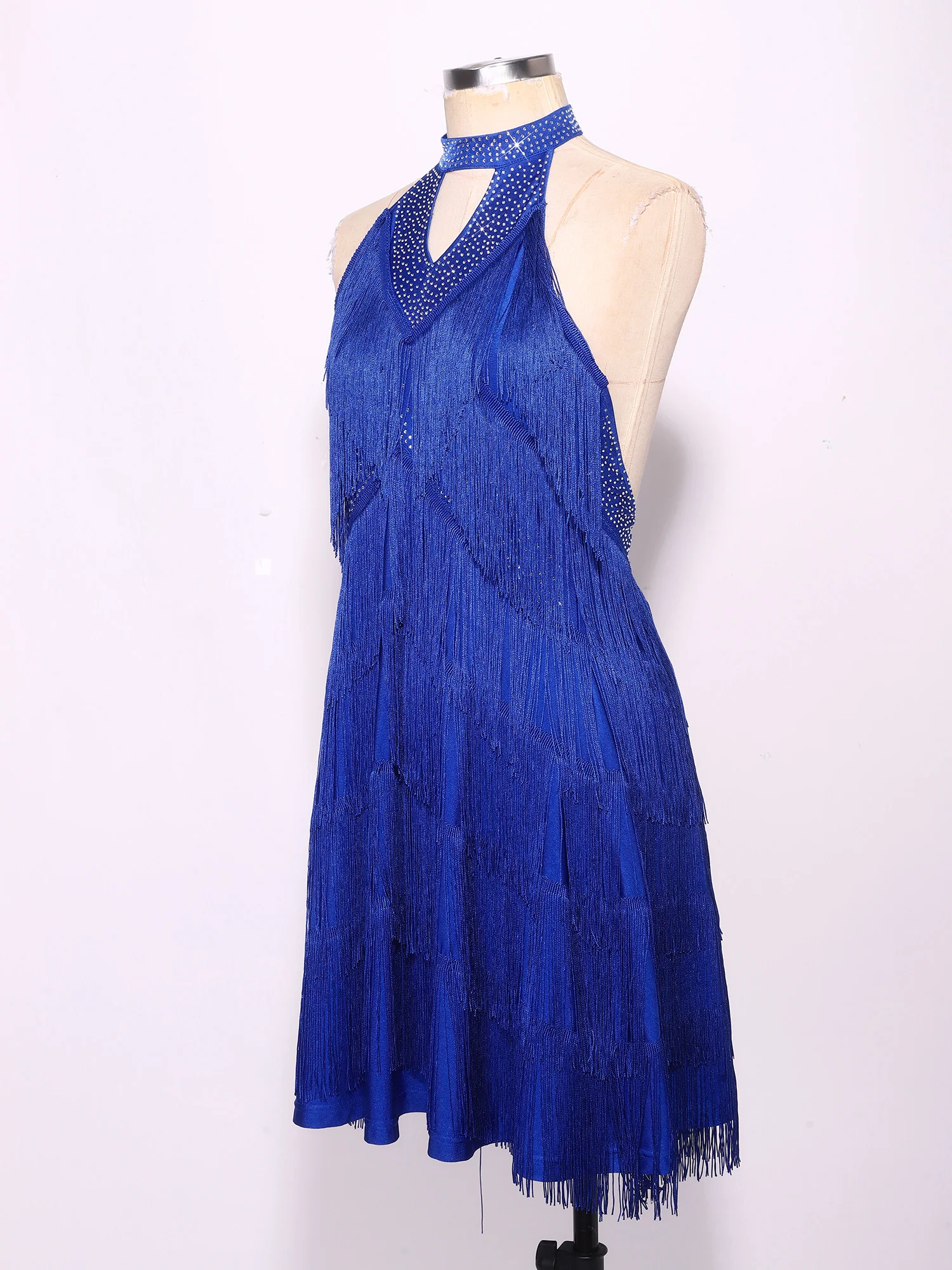 Vestido de baile latino con flecos y pedrería para mujer, estilo halter sin espalda, ideal para tango, flamenco, samba y baile de salón.