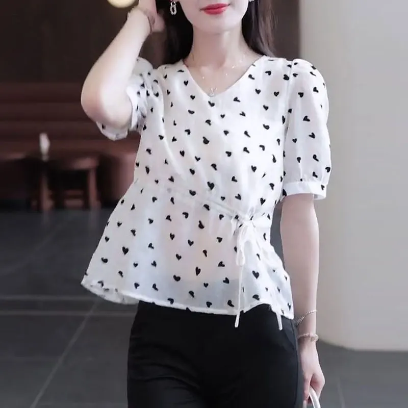 Sweet Heart-shaped Printed Blouse Fashion Shirring Drawstring Female Clothing Commute V-Neck Summer Korean Asymmetrical Shirt