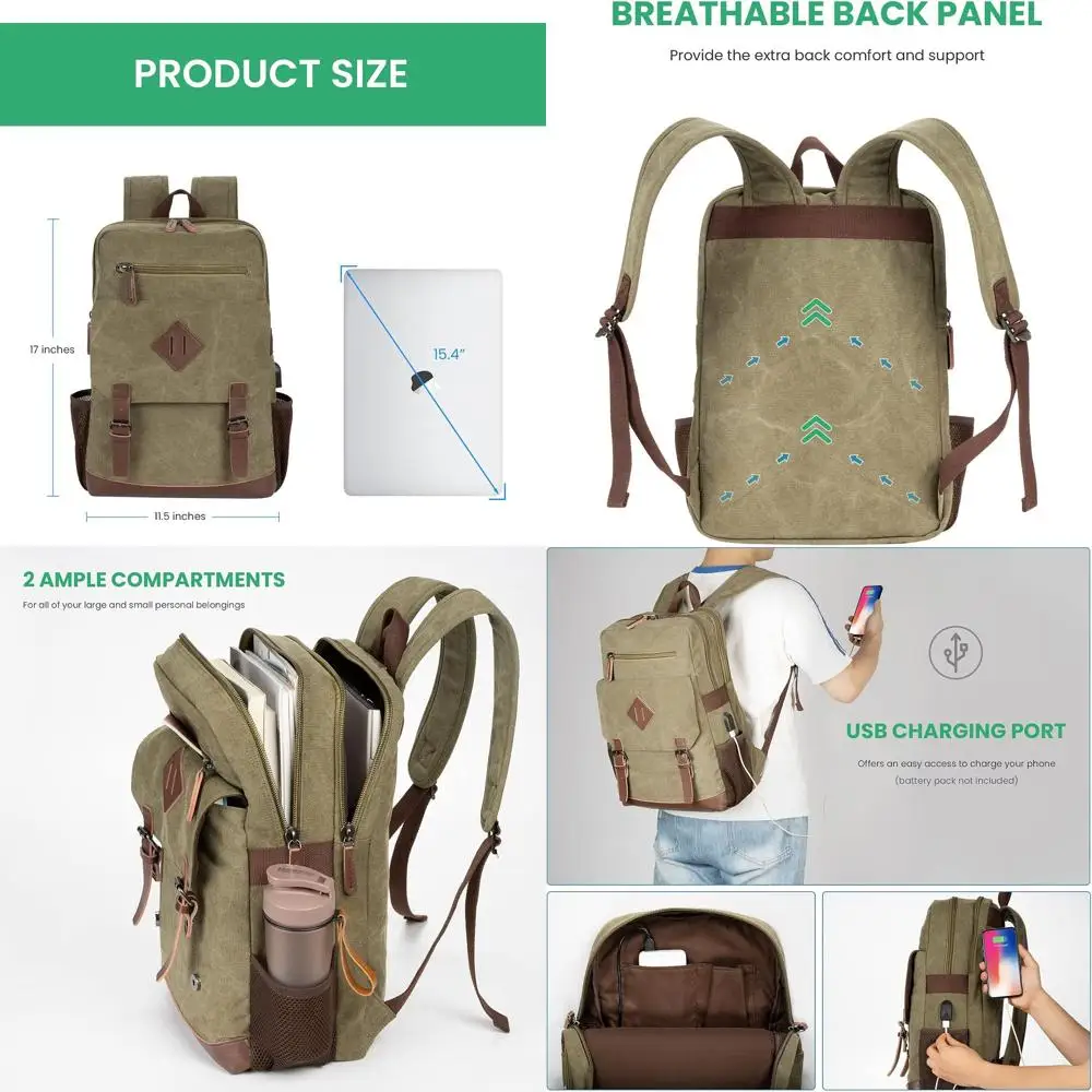 

Army Green Canvas Backpack with USB Port for 15.6 Laptops and Tablets, Eco-Friendly Unisex Vintage Style