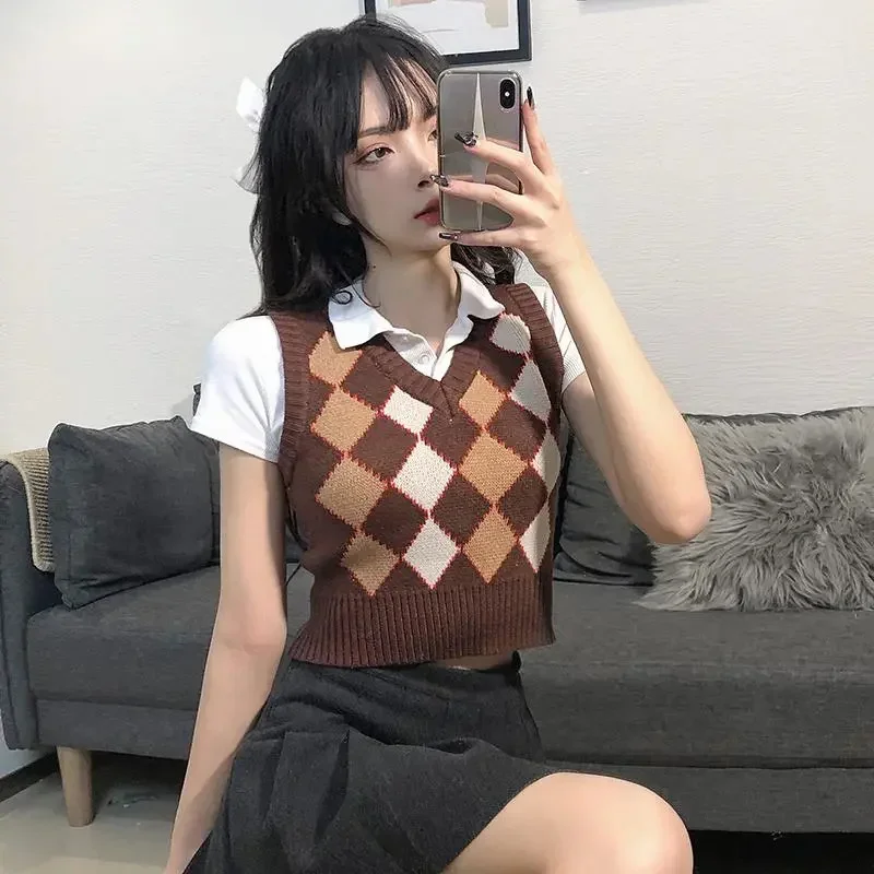 Vintage Argyle Knitted Sweater Vest Women Preppy Style V Neck Sleeveless Crop Sweaters Haut Femme