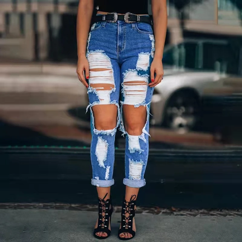 2023 New High Waist Hip Lift Loose Straight Hole Denim Trousers Ladies Jeans Women's Clothing