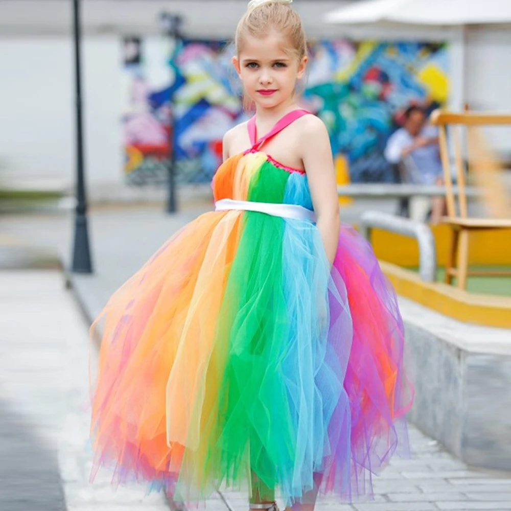 Rainbow Long Dresses for Girls Candy Princess Costumes for Kids Floor Strapless Dress with Hairband Children Birthday Outfits