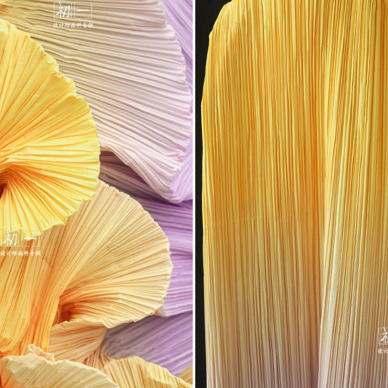 Orange-yellow-purple Gradient Pleated Fabric Spring Autumn Dress Cozy Suit Background Painting Handmade DIY Sewing Fabrics