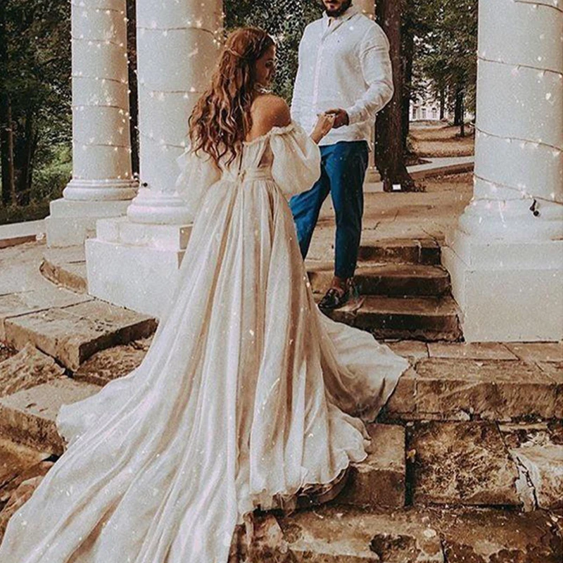 Customized Boho Off The Shoulder Princess Wedding Dress Sweetheart Appliqued Puff Sleeves Bride Dress A-Line Backless Bride Gown