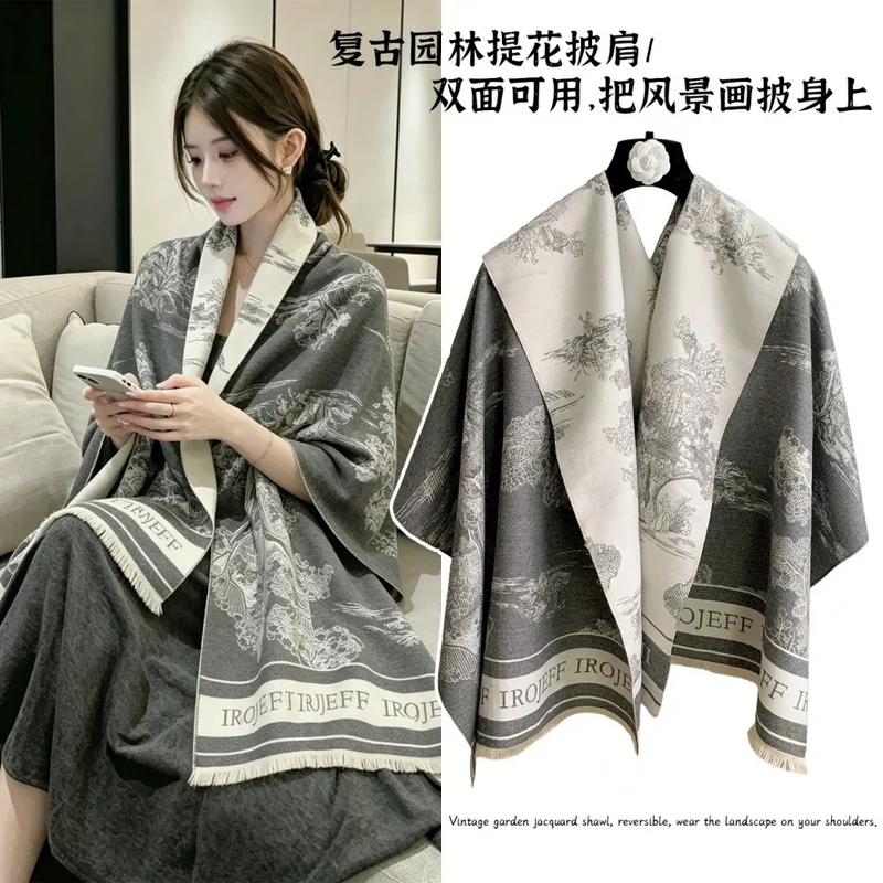Faux Cashmere Shawl Landscape Print Women Thick Warm Jacquard Air Conditioner Wrap