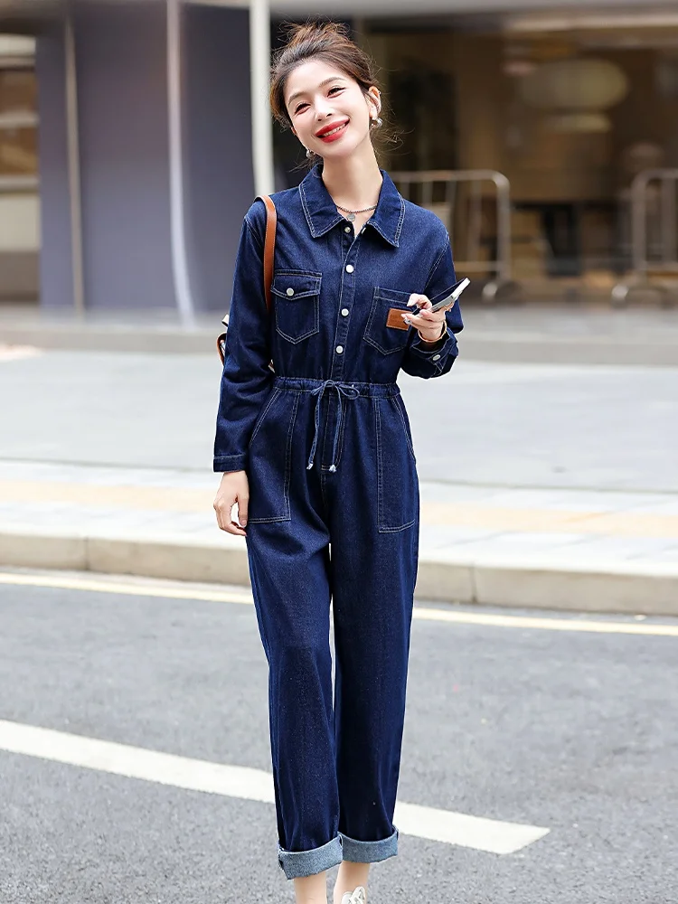 

La Chapelle High Waist Denim Jumpsuit Women's Casual Sle Spring Autumn New Faion Slimming Quali Cotton Fabric Jumpsuit