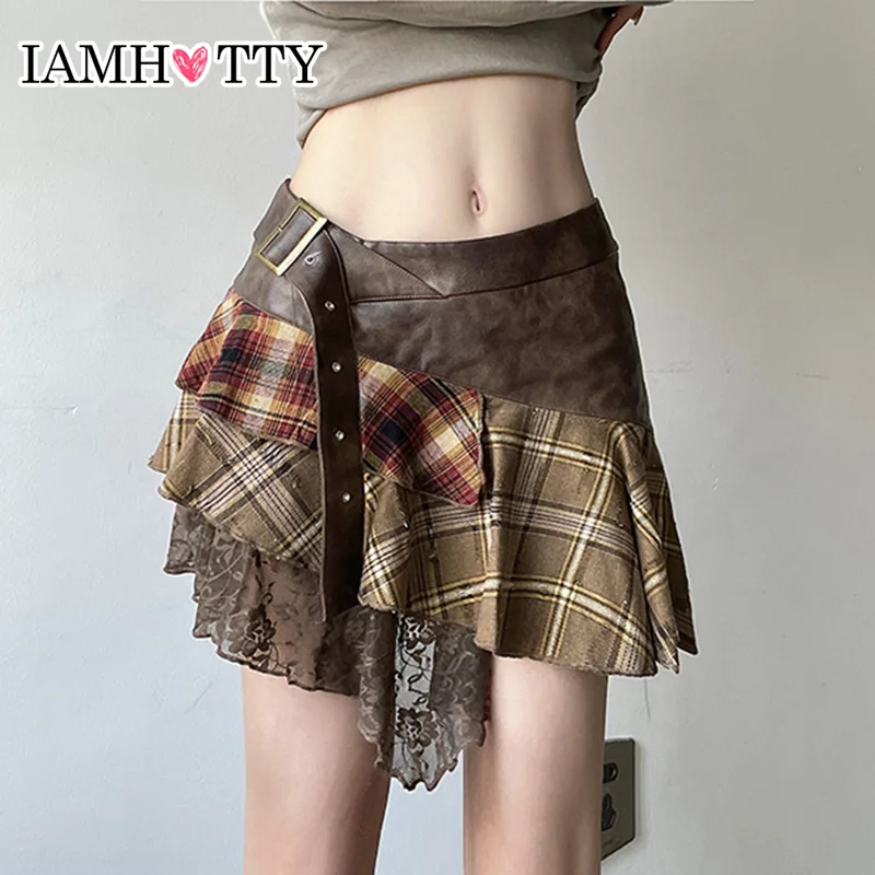 IAMHOTTY Colorful Plaid Patchwork Asymmetrical Skirt Low-waisted A-line Mini Skirts Korean Style Irregular Bottoms Retro Outfits