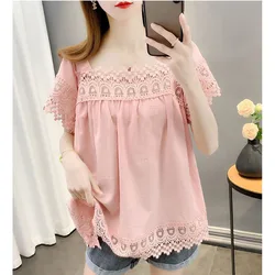 Sweet Square Collar Spliced Hollow Out Lace Blouse Women's Clothing 2024 Summer New Oversized Casual Pullovers Office Lady Shirt