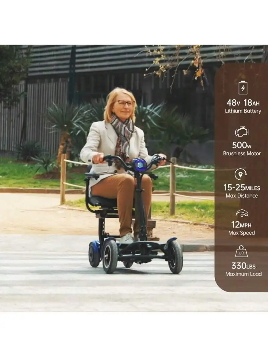 500W Foldable Four Wheel Electric Scooter, Suitable for Elderly Urban Outing Basket, 12 Miles per Hour, All Terrain Cycling