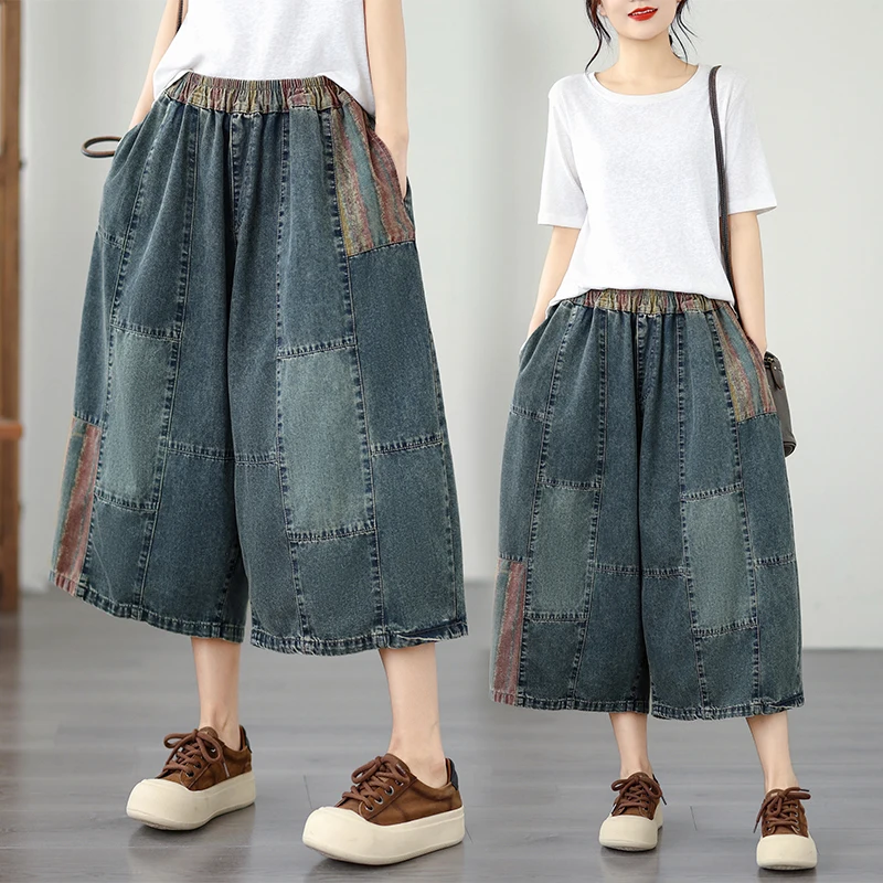 

plus Size Summer Thin Wide Leg Jeans High Waist Seven Tenths Old Style Splicing Casual Loose Fit Ladies Jeans Cotton Polyester