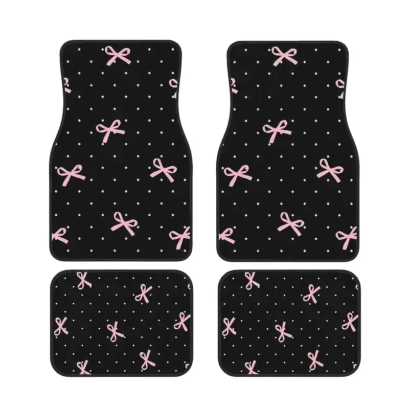 طقم سجادة أرضية سيارة بفيونكة وردية مكون من 4 قطع - تصميم أسود مع أقواس وردية ونقاط بيضاء، حماية متينة من البوليستر لجميع الأحوال الجوية، مناسبة لـ Ca