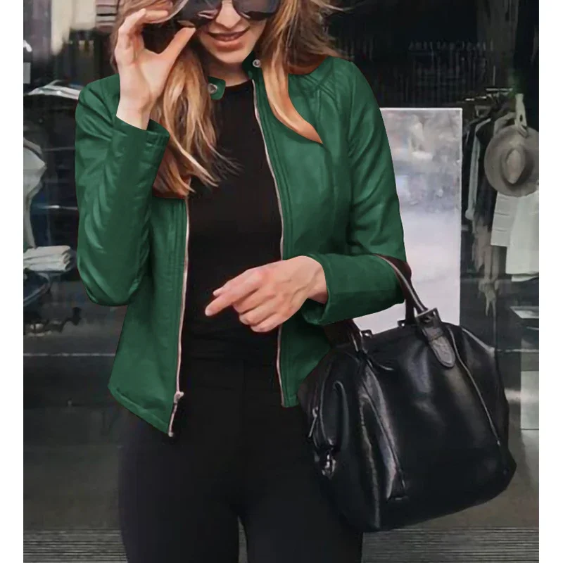 Spring Autumn Oversized Stand Collar Fashion Zipper Jacket Ladies Slim All-match PU Leather Coat Top Women Solid Color Cardigan