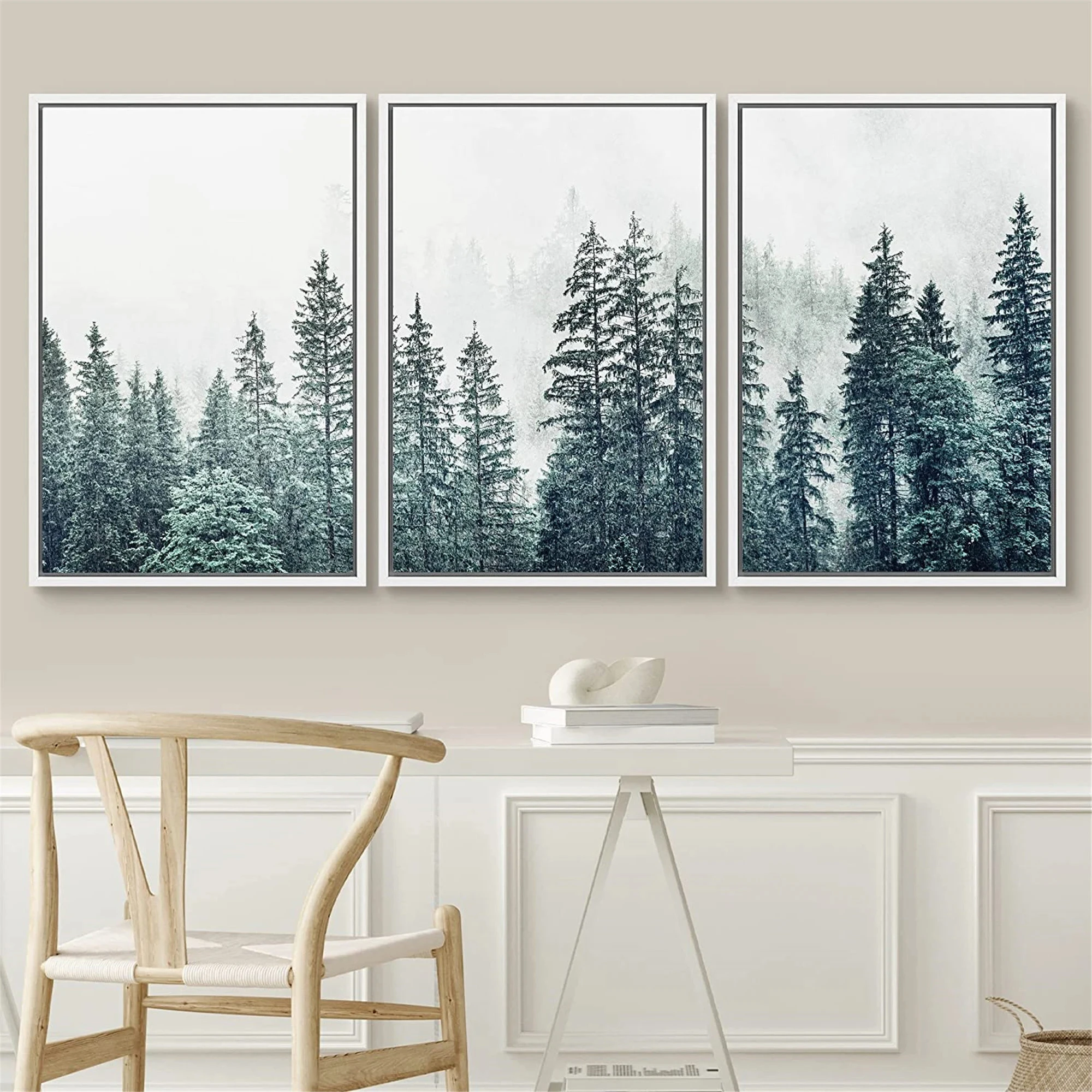 3 Piece Nature Wall Art Fog Mist Pine Tree Mountain Forest Landscape Canvas Print Modern Poster for Bedroom Home Decor