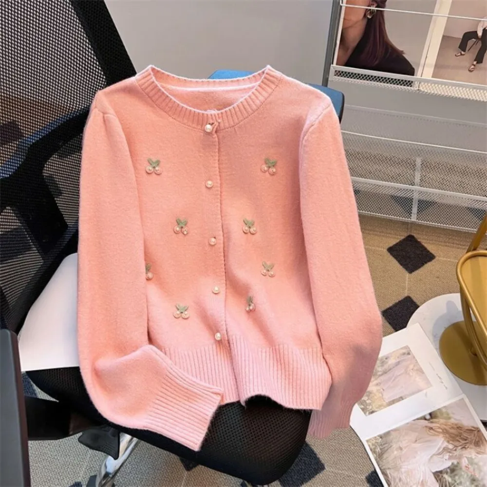 Neploe Sweet Lovely 3D Flower Cherry Embroidery Cardigan Lazy Casual Knit Exquisite Ropa Mujer Pearl Korea Chic Minority Jumper