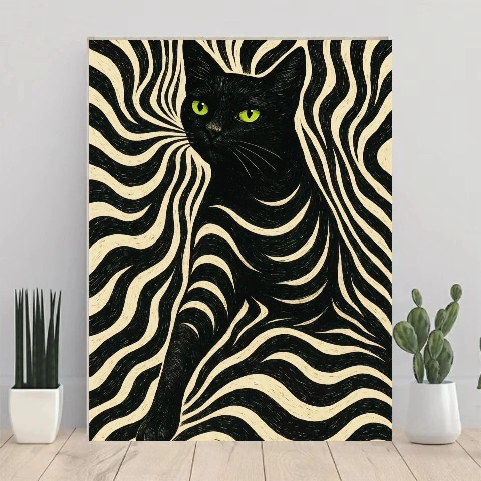 Oil Painting By Numbers Black Cat Optical Illusion on Canvas Home Decor for Living Room Bedroom Handmade Gift
