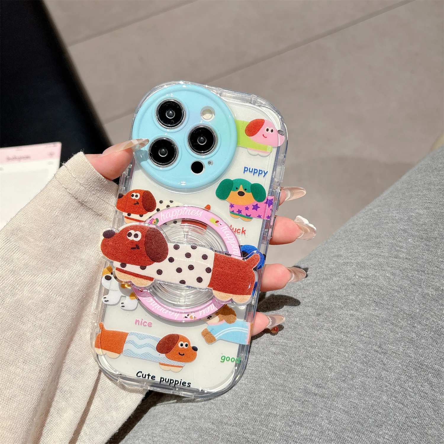 

Round Edge Colorful Puppy Dachshund Magnetic Attraction Bracket Phone Case For iPhone 14 15 16 Pro Max Anti Drop Case