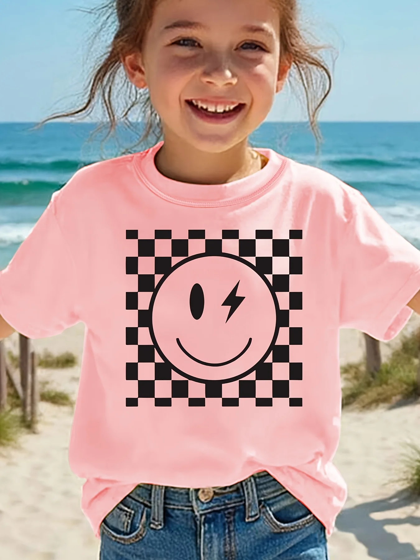Girls Tee Checkerboard Lightning Eye Smiley Face Print Short Sleeve Soft Cotton Kids Cool Casual Daily Outfit Wear T Shirt