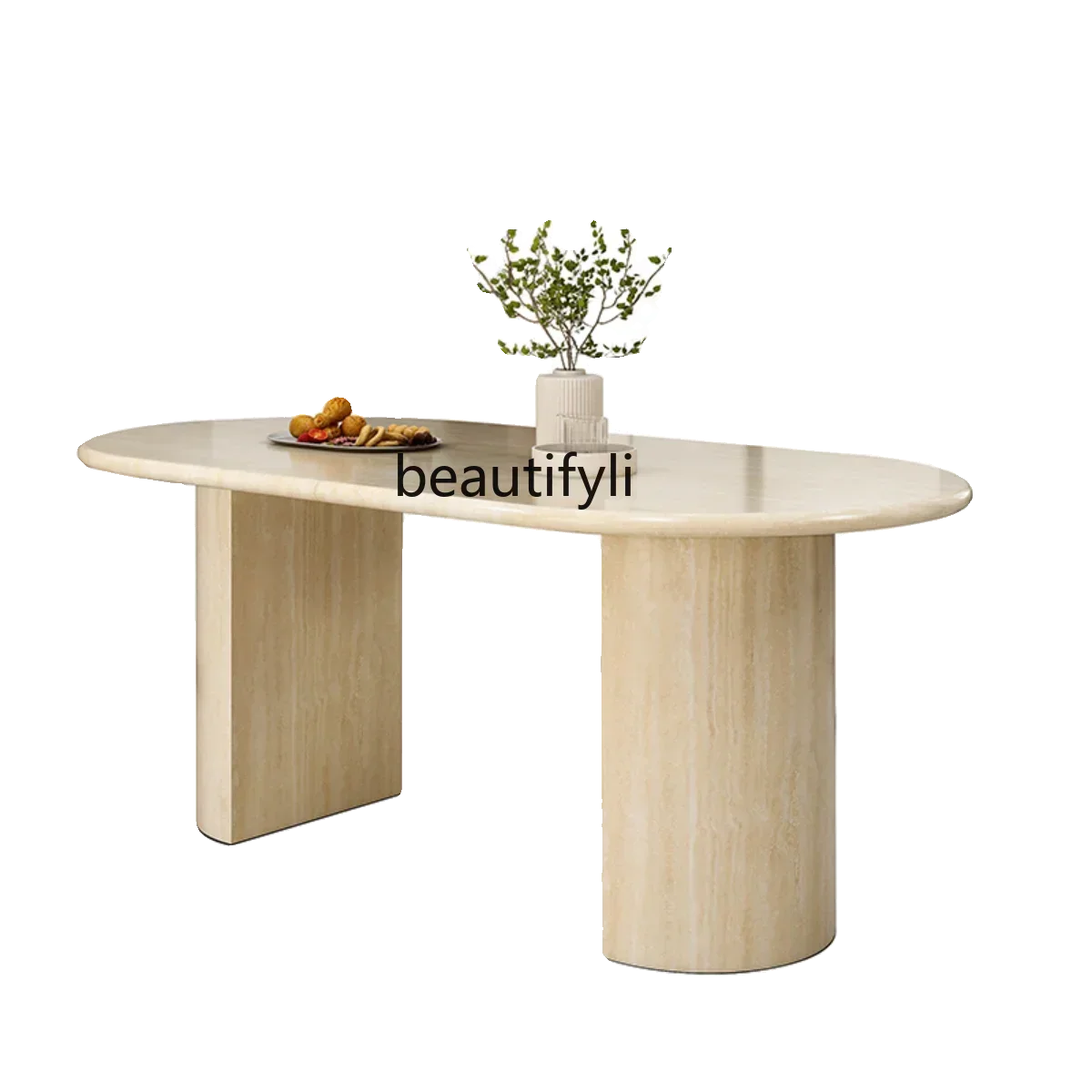 02 Travertine dining table natural marble household French oval modern simple, small apartment retro restaurant