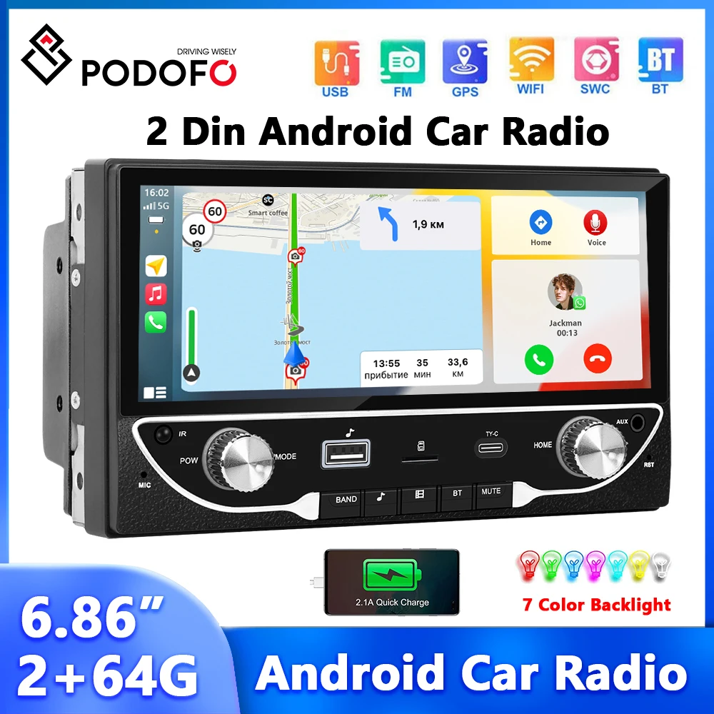 

Podofo 2Din Universal Android Car Radio 6.86'' 2+64G Multimedia Player Carplay Android Auto GPS Navigation Bluetooth Car Stereo