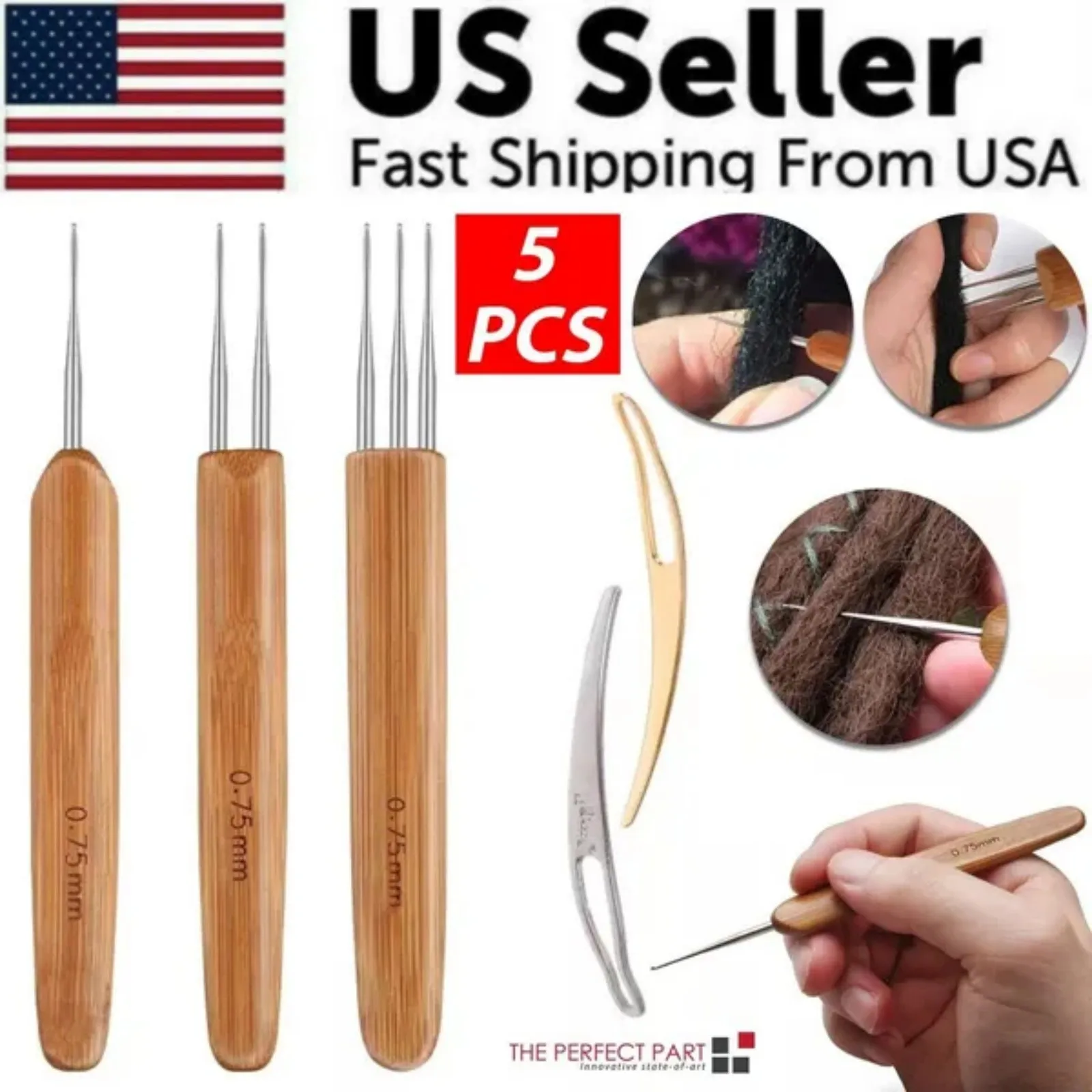 

5Pcs DIY Crochet Needle Hook Bamboo Handle Dread Knit Hair Making Braiding Tool