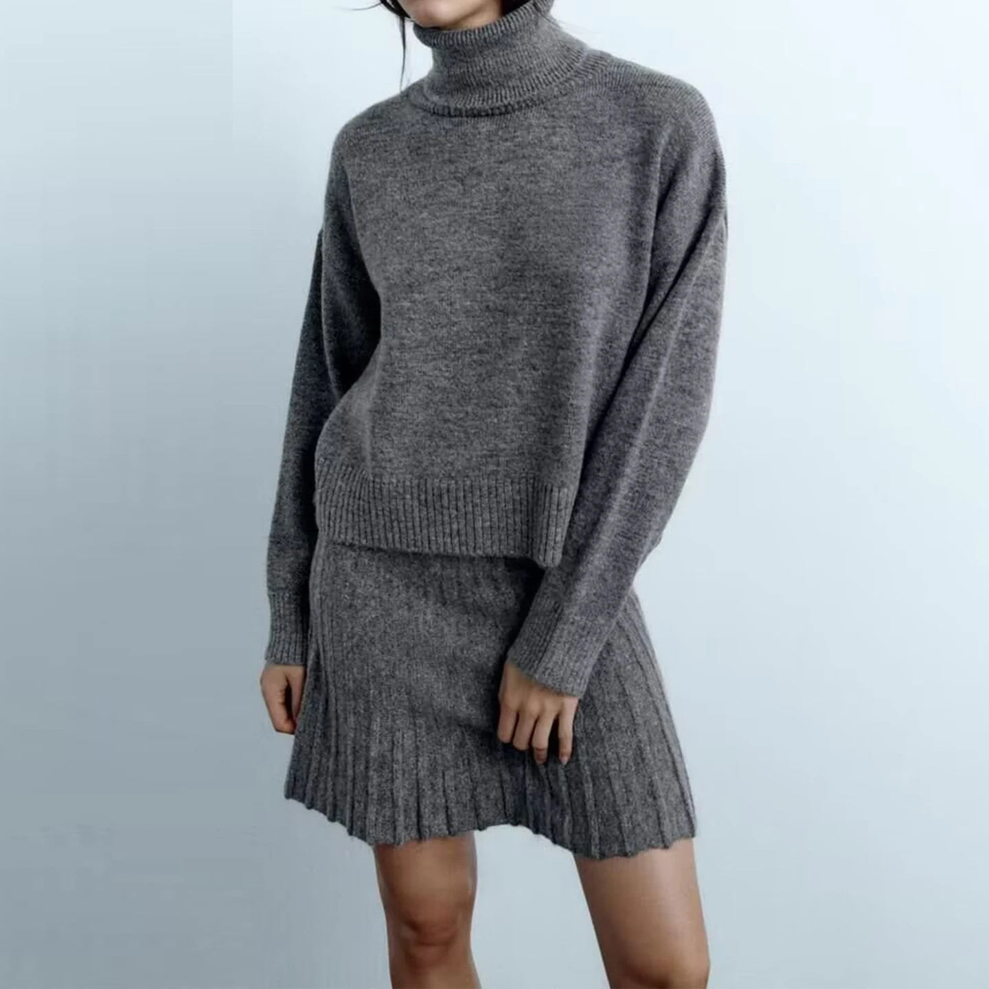 Z Faion Conjunto de falda de punto con cuello alto para mujer Or Sle Long Sve Color de cintura alta Ropa para las cuatro estaciones