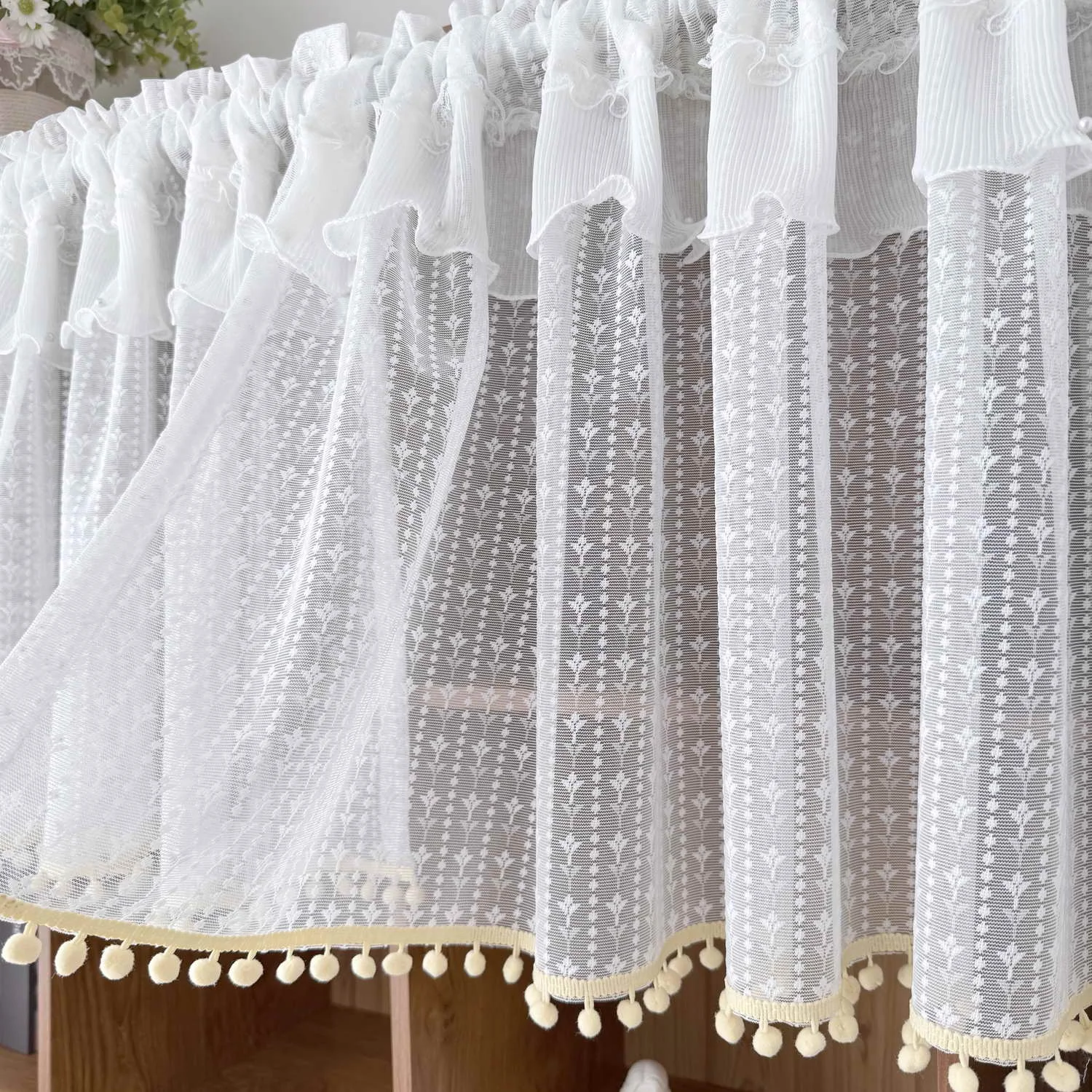 White Striped Semi Sheer Short Curtains for Kitchen with Pearl Ruffled Lace Drapery Half Curtain Dining Cabinet Sink Drapes