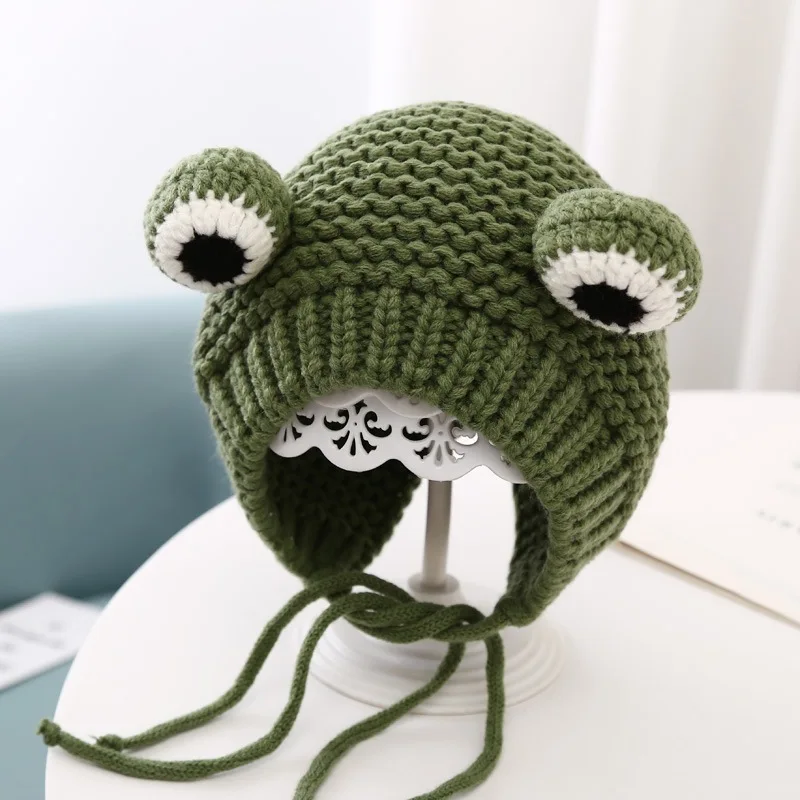 Baby Hat Autumn and Winter Pullover Knitted ear Protection Hat Popular Yarn Frog hat for Taking photos and going out