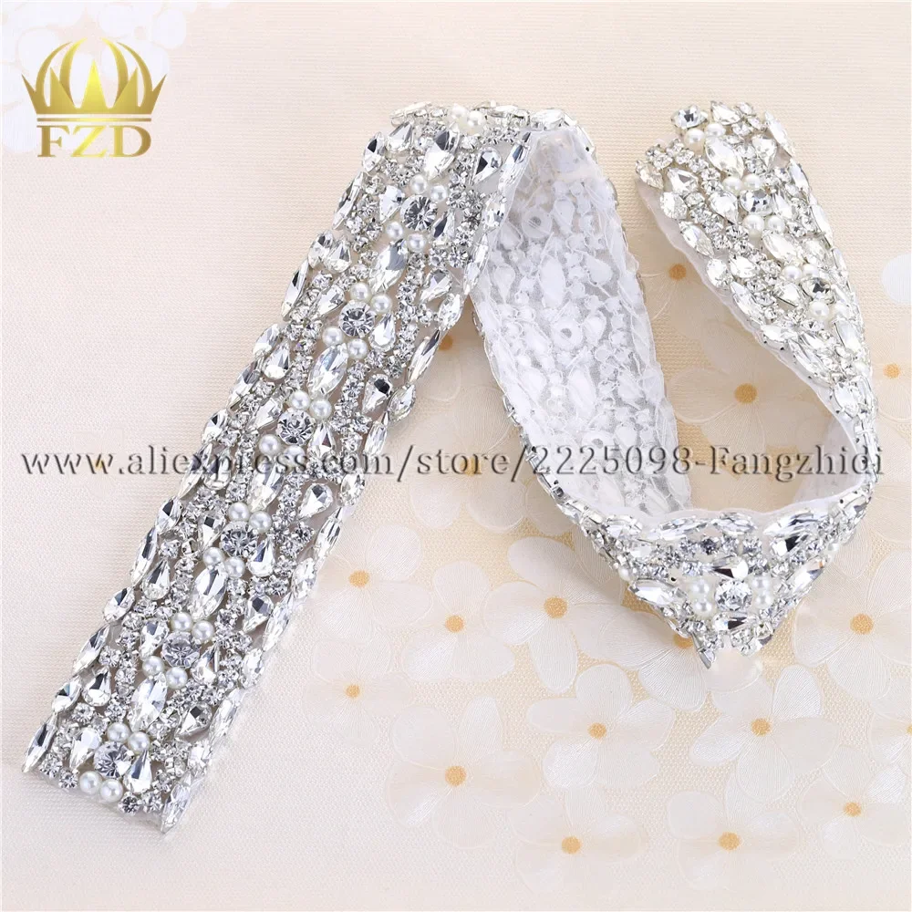 FZD 10 Pieces New Wedding Rhinestones Applique Crystal Hot Fix Clear Rhinestones Designs Bridal Diamante Belt Sash for Wedding