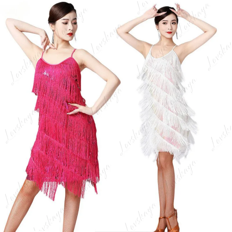 Latin dansfeestjurk met V-hals en ruches met lovertjes en bandjes Stage Performance-kostuum voor dames