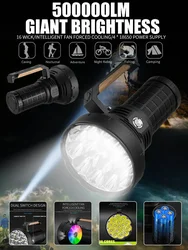 16xP50 Wick Ultra Strong Light Handheld Light Flashlight - Intelligent Fan Forced Heat Dissipation-4x18650 Power Supply