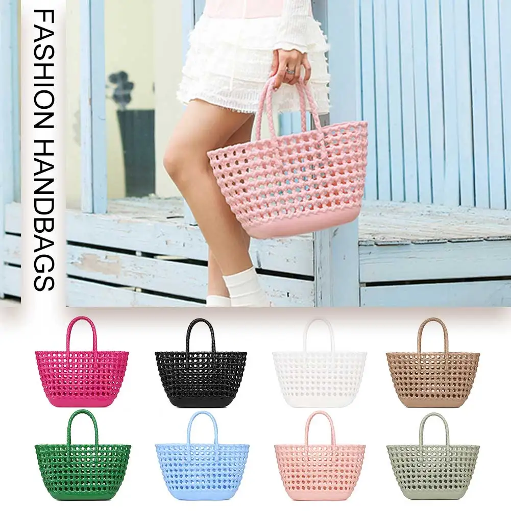 

Women Travel Tote Handbag Large Capacity Fashion Tote Bag Solid Color Stylish Basket Bag Hollow Out for Outdoor Camping