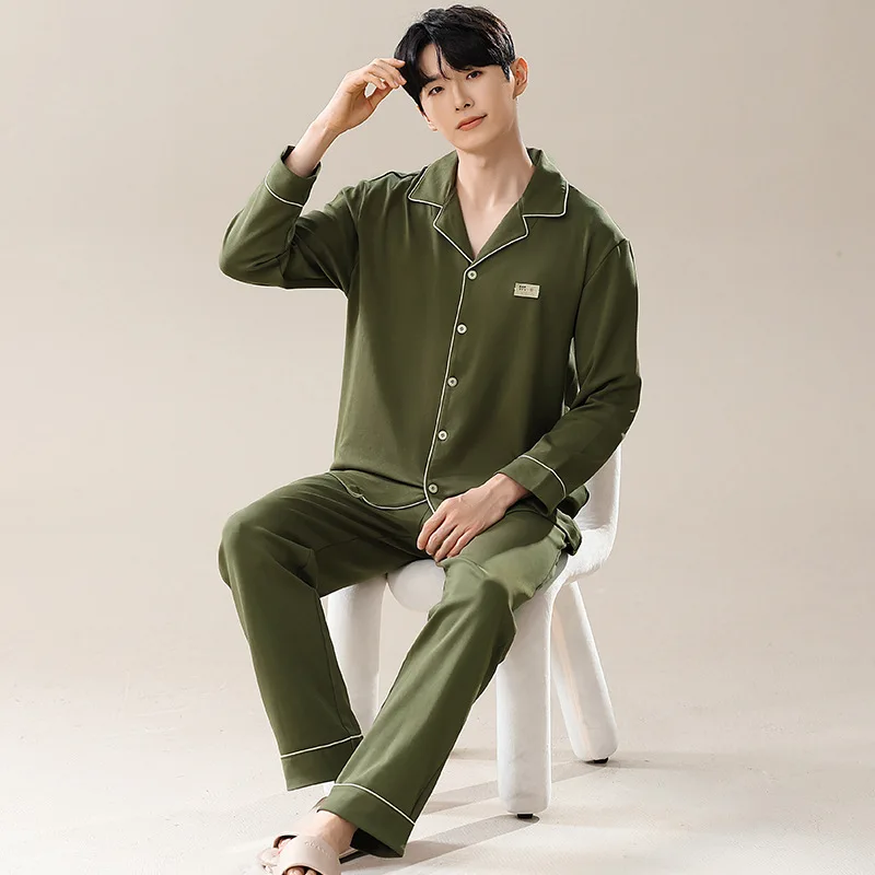 Men Sleepwear Solid Color Cotton Pajama Sets for Men Long Sleeve Long Pants Sleepwear Pyjama Male Homewear Lounge Wear Clothes